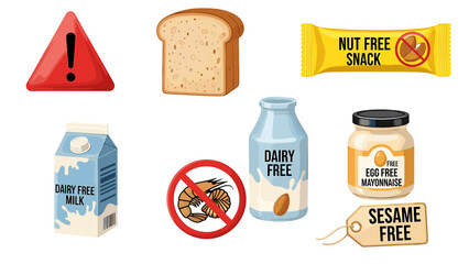 A graphic illustration of food items with warning labels for allergies and dietary restrictions