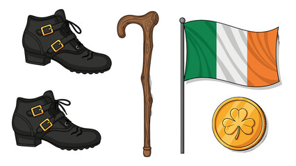 A collection of Irish symbols including shoes, cane, flag, and coin on black