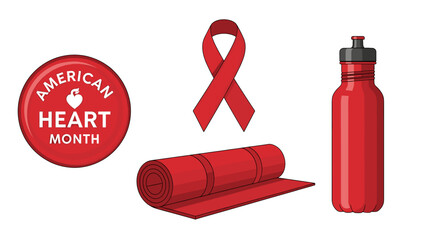 American Heart Month awareness campaign with red ribbon and fitness accessories