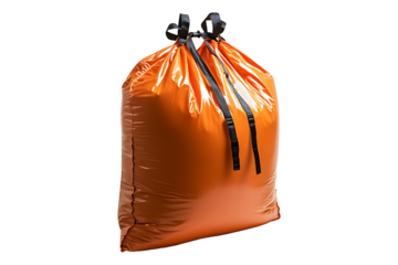 Large orange industrial storage sack with reinforced straps Isolated on a Transparent Background
