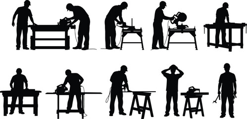 Black silhouettes of professional carpenters and woodworkers using power saws and tools at work benches representing construction renovation and craftsmanship