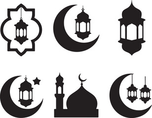 Ramadan kareem silhouettes with crescent moon mosque building and decorative lanterns for islamic holiday celebration