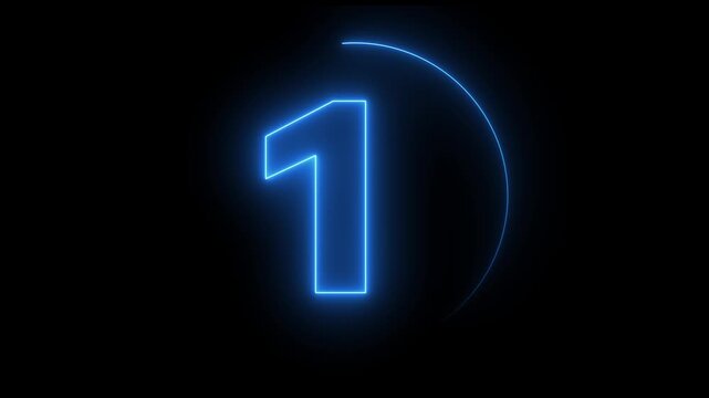 5 second countdown timer animation with neon number text glowing from 5 to 0 with interesting circle animation. Circle countdown timer 5 sec animation on black background.