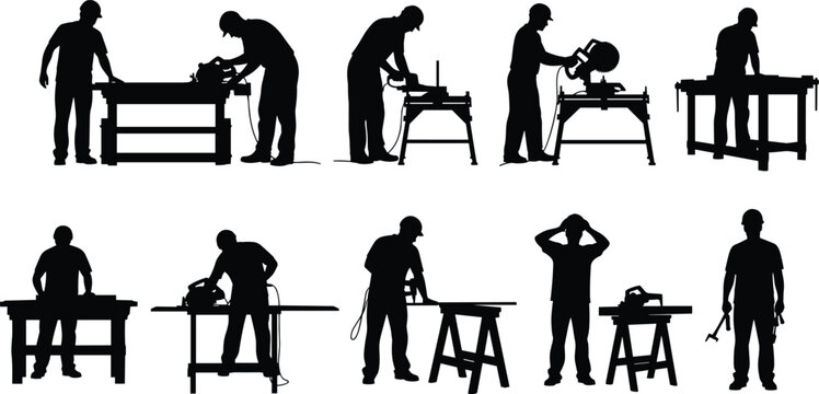 Black silhouettes of professional carpenters and woodworkers using power saws and tools at work benches representing construction renovation and craftsmanship - Powered by Adobe