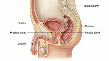Sagittal view of the male pelvic anatomy, illustrating the bladder, prostate gland, urethra, rectum, and spinal column.