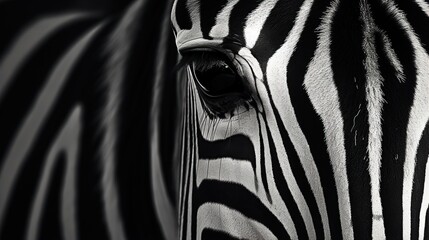 Intricate close-up of a zebra's striped face in dramatic black and white contrast