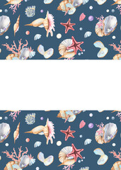 Ready-made postcard design of seashells, starfish, corals, pearls on dark blue background, copy space for text. Underwater world clipart. Hand-drawn watercolor illustration for ocean-themed design
