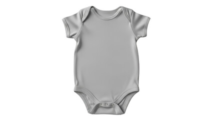 A simple short-sleeved baby bodysuit rendered in a neutral gray color, set against a dark backdrop.