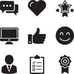 black and white icon set, chat bubble, heart, star, computer monitor, thumbs up, smiling emoji, businessman, clipboard, badge.eps