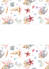 Ready-made postcard design of seashells, starfish, pink corals, pearls, copy space for text. Underwater world clipart. Shells pattern. Hand-drawn watercolor illustration for ocean-themed design