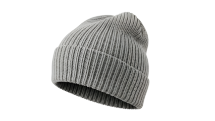 A stylish, gray knitted beanie hat is showcased against a stark black backdrop in this simple shot.