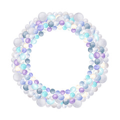 Pearl wreath of white, purple, blue and turquoise pearls. Circle frame. Underwater world clipart. Pearl decoration. Hand-drawn watercolor illustration for ocean-themed design, posters, postcards