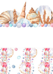 Pre-made postcard design with spiral sea shells, white, blue purple pearls, beige coral and copy space for text. Underwater world clipart. Hand-drawn watercolor illustration for ocean-themed design