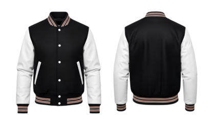 Classic black varsity jacket with white sleeves showcases both front and back in a stylish design.