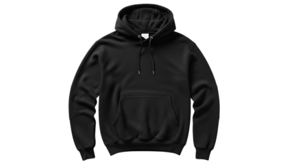 Isolated black hooded sweatshirt laying flat shows texture and design elements on dark surface.