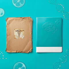 Old and modern medical books on blue background