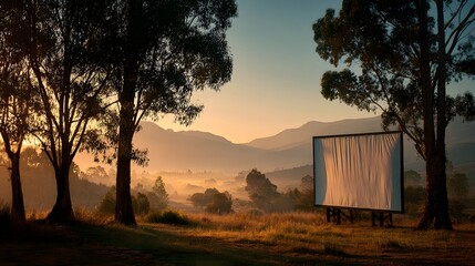 Scenic Outdoor Drive-In Movie Theater at Sunrise with Misty Mountains.