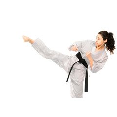 &ldquo;Female Martial Artist Performing High Front Kick in White Karate Uniform with Black Belt, Isolated on Black Background&rdquo;