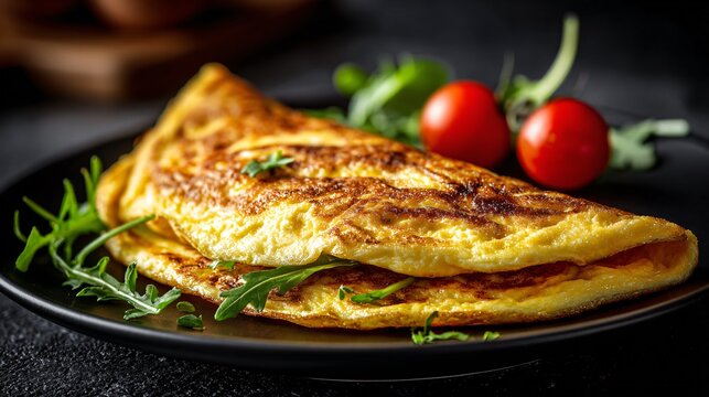 Omelette folded cleanly, dark plate, copy space