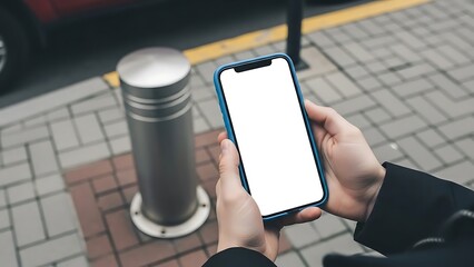 Person holding smartphone with white blank screen mockup for app design or advertising in outdoor urban setting