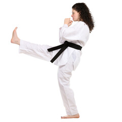 &ldquo;Female Martial Artist Performing High Front Kick in White Karate Uniform with Black Belt, Isolated on Black Background&rdquo;