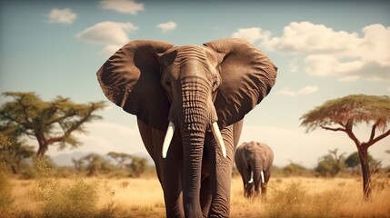 Fototapeta premium Majestic African Elephants Walking Across a Dusty Savanna Under Broad Sky and Scattered Acacia Trees