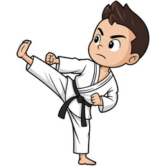 &ldquo;Female Martial Artist Performing High Front Kick in White Karate Uniform with Black Belt, Isolated on Black Background&rdquo;