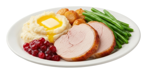 Thanksgiving dinner plate with turkey home kitchen food isolated on transparent background