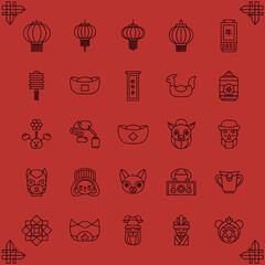 Lunar new year of minimal outline icons featuring traditional animals and festive items on a red background.