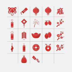 Lunar new year of a comprehensive set of red pixel art style icons for traditional celebration.