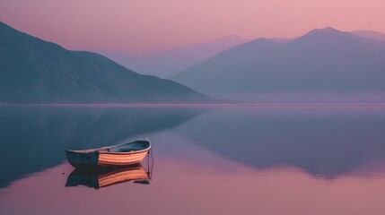 Serene Boat on Calm Lake at Sunrise with Misty Mountains.