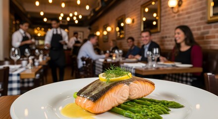 Delicious salmon dish on a plate in a restaurant setting with diners