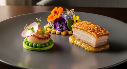 Elegant plate of gourmet food featuring pork belly scallop and flowers