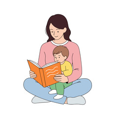 Mom reading a book to her child with a cozy atmosphere and copy space