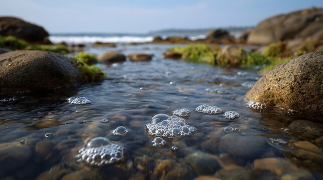 Clear shallow stream flowing over pebbles and rocks with bubbles forming on the tranquil water surface - Powered by Adobe