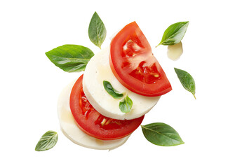Fresh mozzarella and tomato slices, arranged artfully with basil leaves