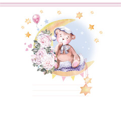 baby card with a baby bear in sleeping hat on moon, baby shower, happy birthday
