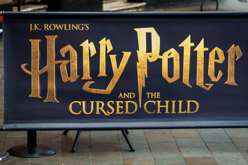 Obraz premium LONDON, UK. 16th February 2025. Harry Potter logo on London's Palace Theatre. Harry Potter is a series of seven fantasy novels written by British author J. K. Rowling.