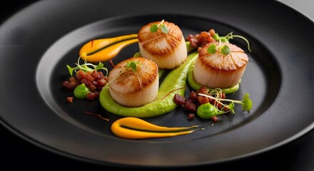 Gourmet dish of seared scallops on a black plate with colorful sauces