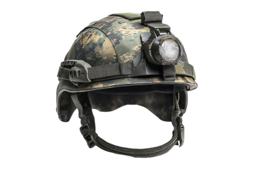 Tactical camouflage helmet with mounted safety light Isolated on a Transparent Background