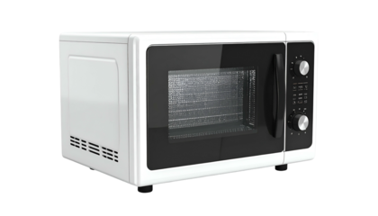 White appliance with black door, controls, vents. Isolated on black, angled view