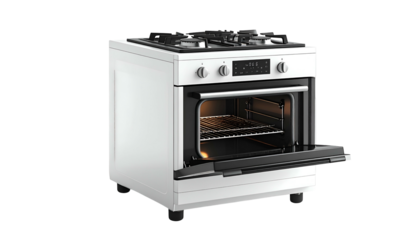 White, freestanding kitchen appliance with open oven door, stovetop, knobs, and digital display