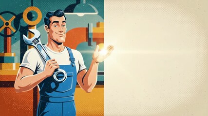 Caucasian man smiling in blue overall holding wrench and displaying light at workshop