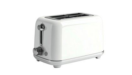 Sleek, white, two-slice toaster isolated on black. Features dials, lever, and toasting slots