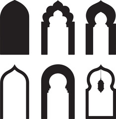 Set of black silhouettes of traditional islamic arches and frames in various shapes for decoration