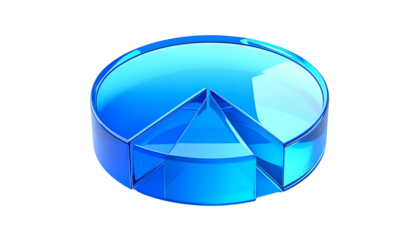 A stylized, three-dimensional pie chart made of transparent blue glass with a black background