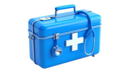 3D rendered, shiny blue first aid kit with white cross and attached stethoscope
