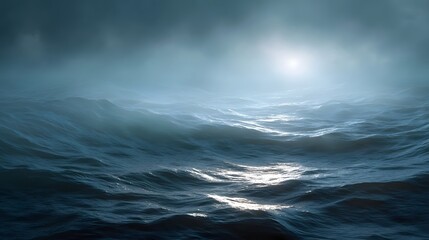 Fototapeta premium A stormy ocean scene with sunlight breaking through mist and clouds casting reflections on the turbulent waves