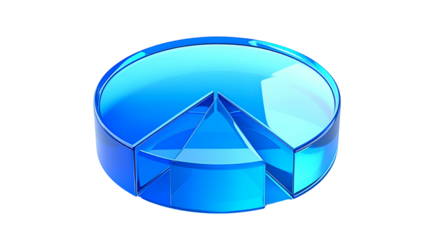 A stylized, three-dimensional pie chart made of transparent blue glass with a black background - Powered by Adobe