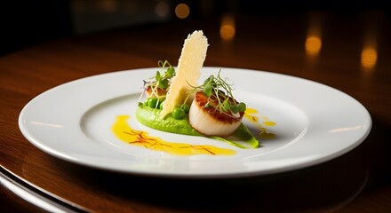 Gourmet dish on white plate with vibrant colors and selective focus